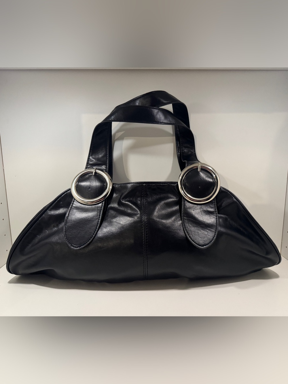 Black Faux Leather Shoulder Bag with Silver Ring Accents